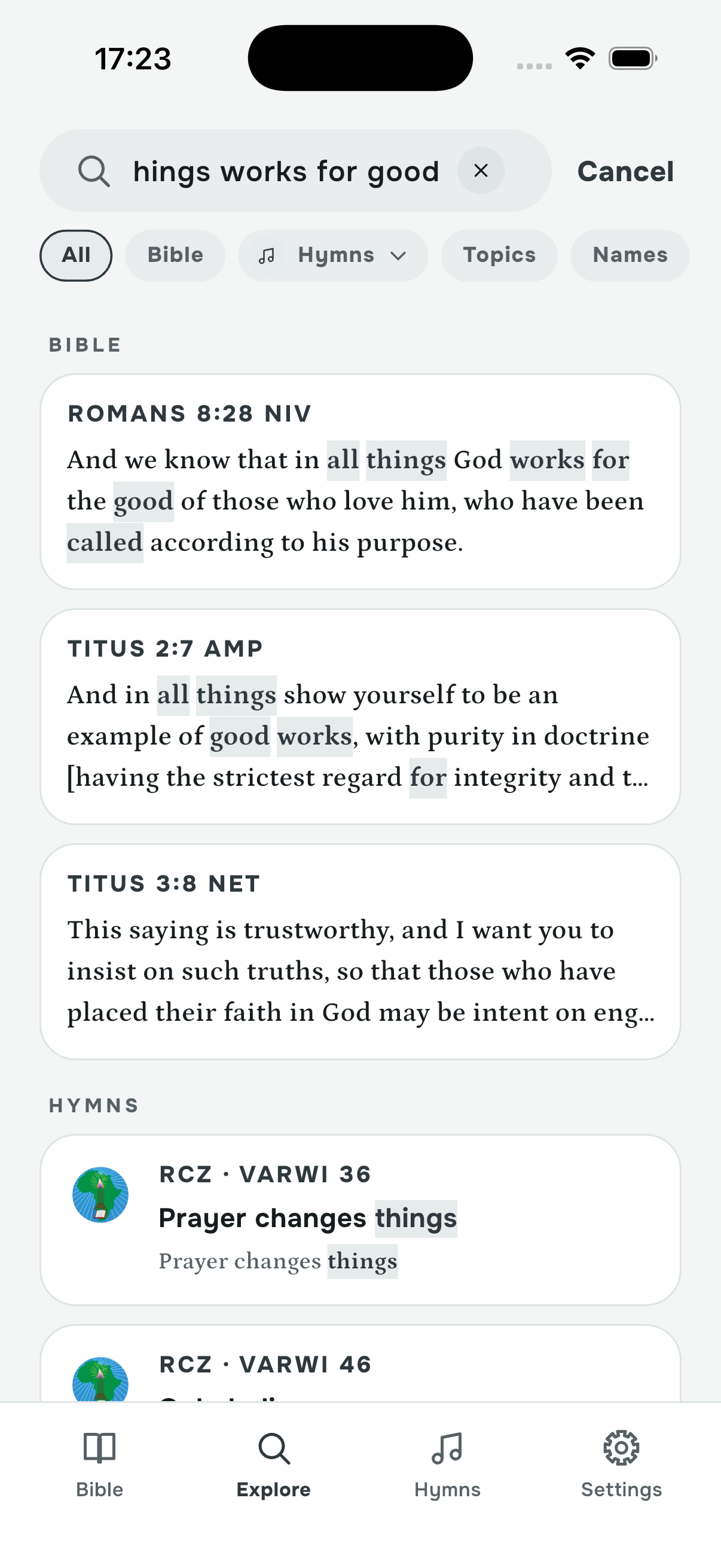 Search results across verses, hymns and names